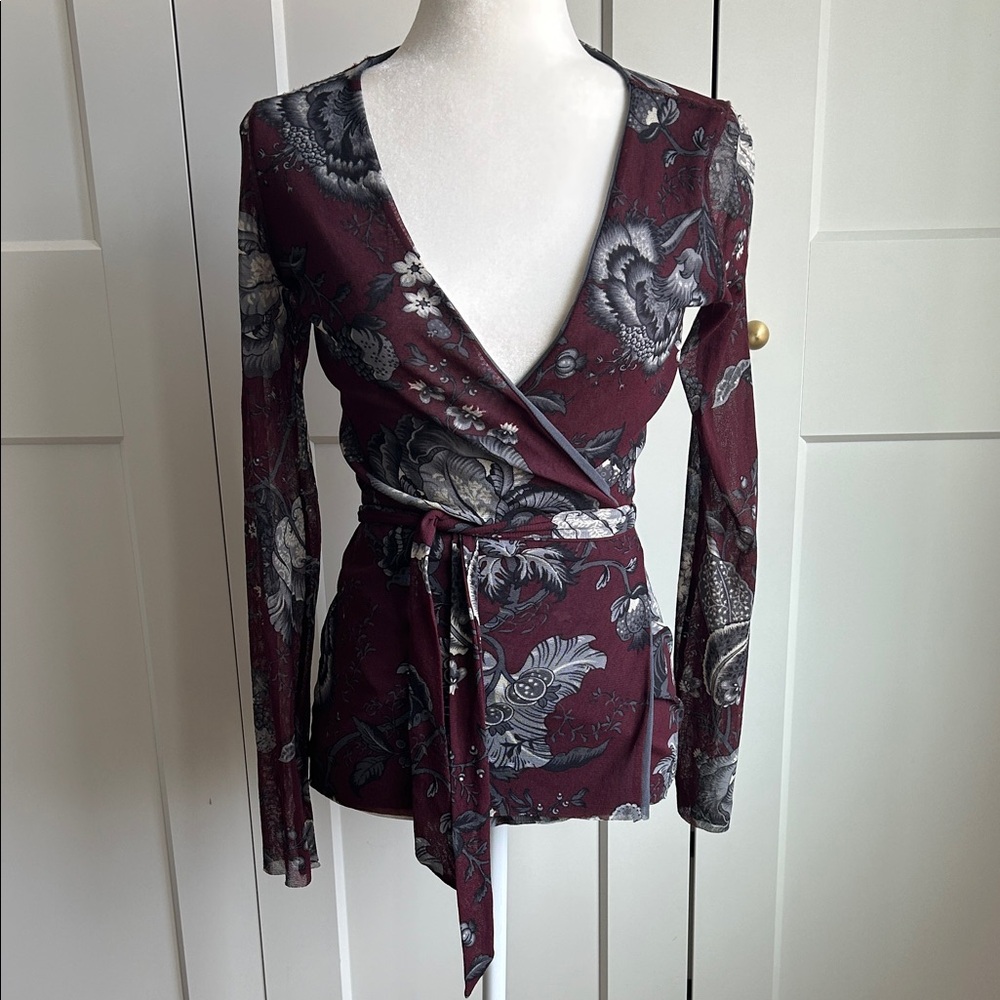 Fuzzi Floral Wrap Top - Burgundy and Gray | M
